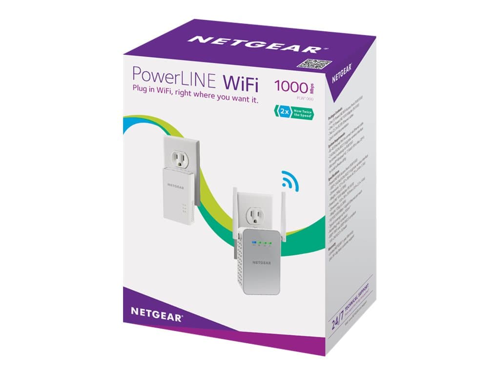 NETGEAR Powerline PLW1000 - Powerline-sovitinsarja 1GbE, HomePlug AV (HPAV) 2.0, IEEE 1901 Dual Band - seinäpistokkeeseen liitettävissä - NETGEAR PowerLINE 1000 -sovittimen (PL1000) kanssa