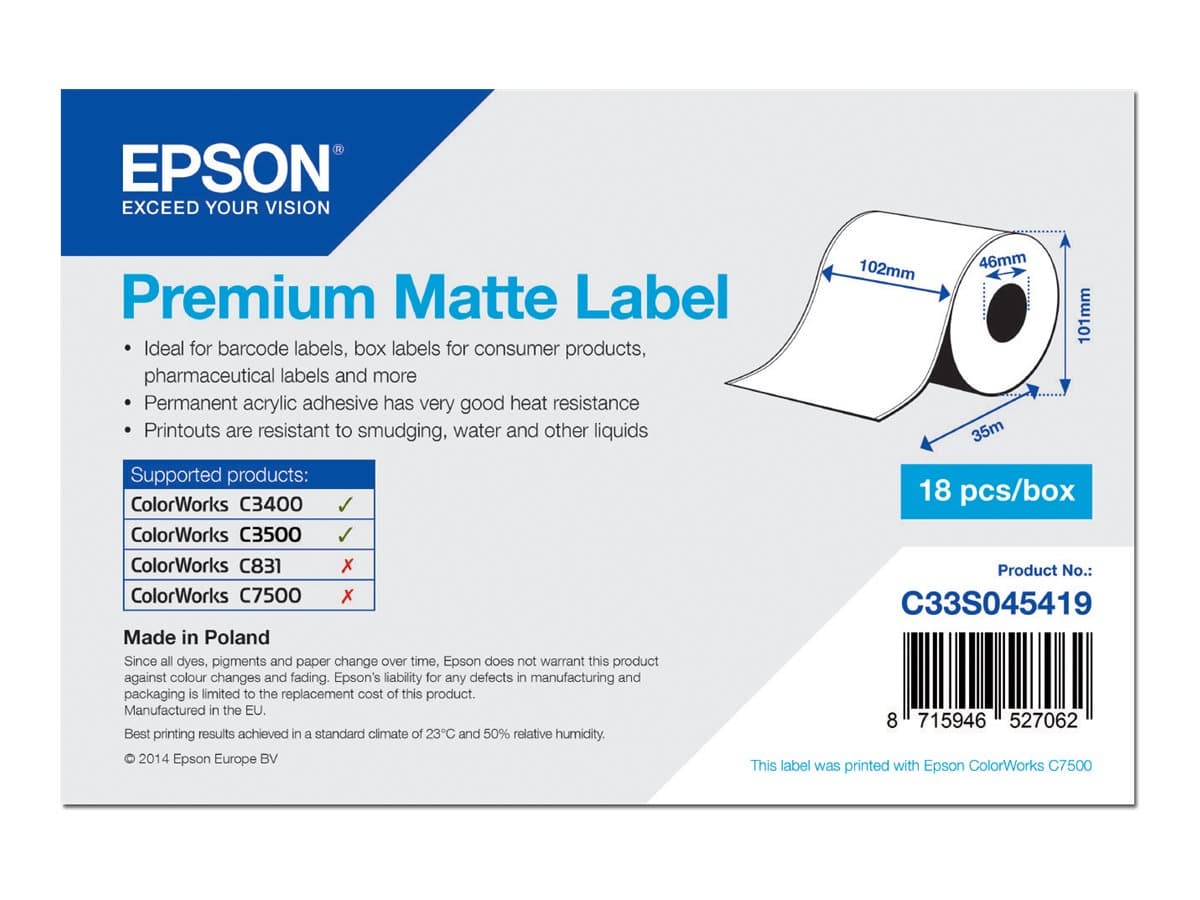 Epson Premium Matte Label Continuous -rulla, 102 mm x 35 m, Matta, 163 g/m², 1 kpl, 113 mm, 108 mm, 113 mm