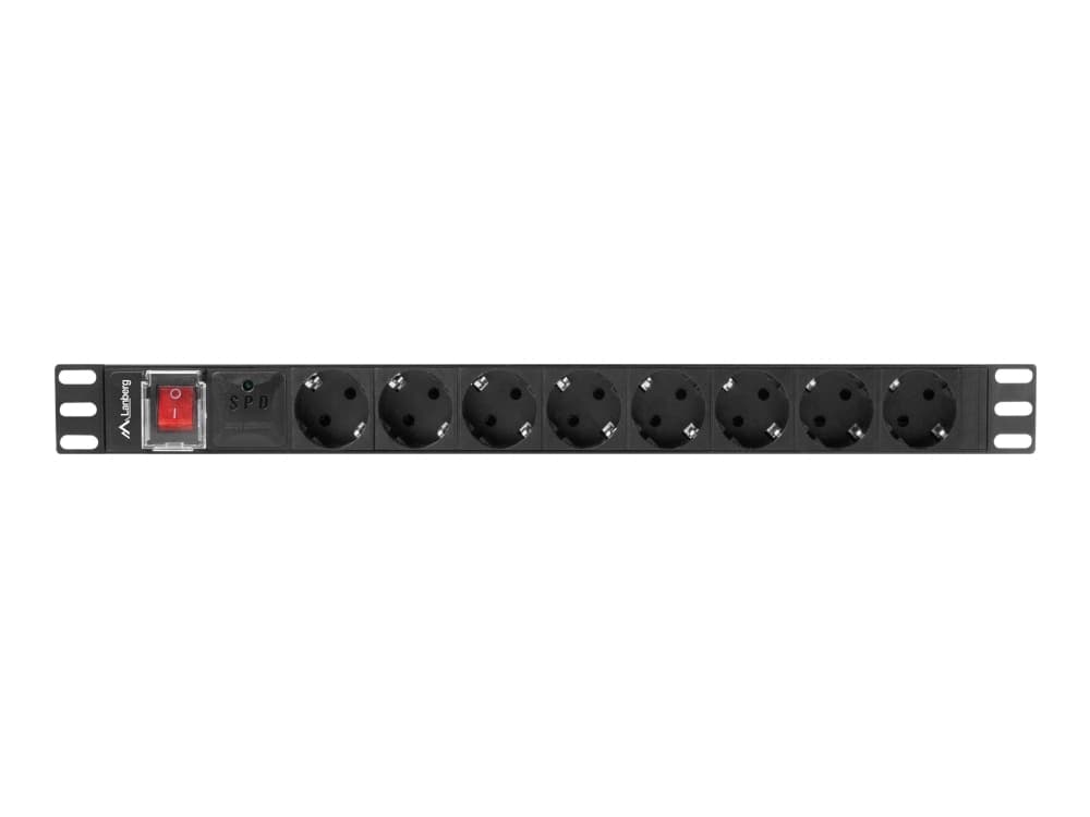 Lanberg PDU-08F-0200-BK, Kytkimellinen, 1U, Yksivaiheinen, Vaaka, Alumiini, Musta