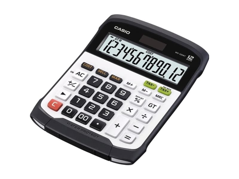 Casio WD-320MT, Työpöytä, Talouslaskin, 12 lukua, Näyttön kallistus, Akku/Aurinko, Musta, Valkoinen