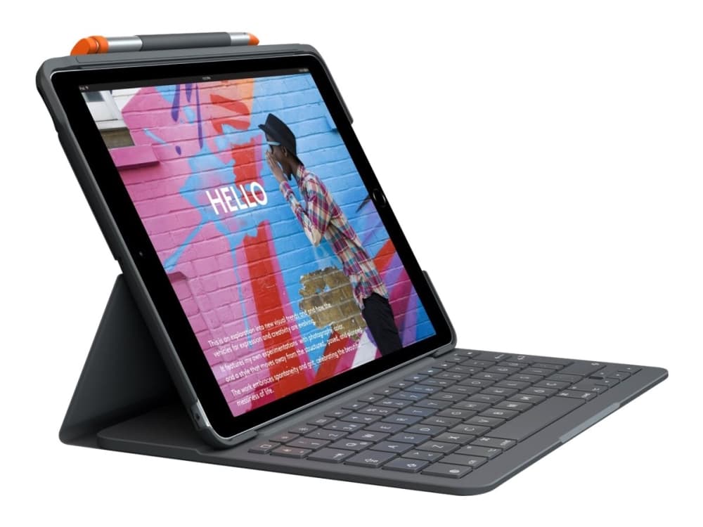 Logitech Slim Folio - Näppäimistö ja foliokassa - trådløs - Bluetooth LE - QWERTY - UK - Oxford-grå - Apple 10,2-tuumaiseen iPad Wi-Fi 10,5-tuumaiseen iPad Pro Wi-Fi 10,9-tuumaiseen iPad Wi-Fi iPad Air Wi-Fi
