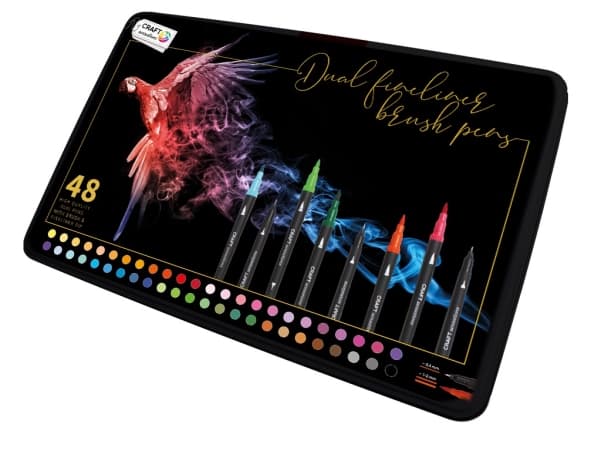 Penseltuscher, dobbeltspidset 2,0 mm & 0,4 mm - 48 stk i flot metalæske - til f.eks. Cozy Coloring