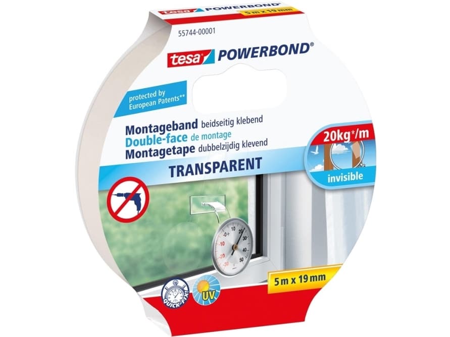 Tesa 55744 Powerbond läpinäkyvä kaksipuoleinen 5m x 19mm