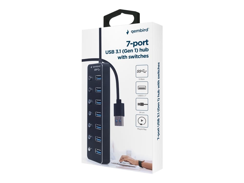 Gembird - Keskitin - liittimillä, musta - 7 x USB 3.1 Gen 1 - työpöytätietokoneet