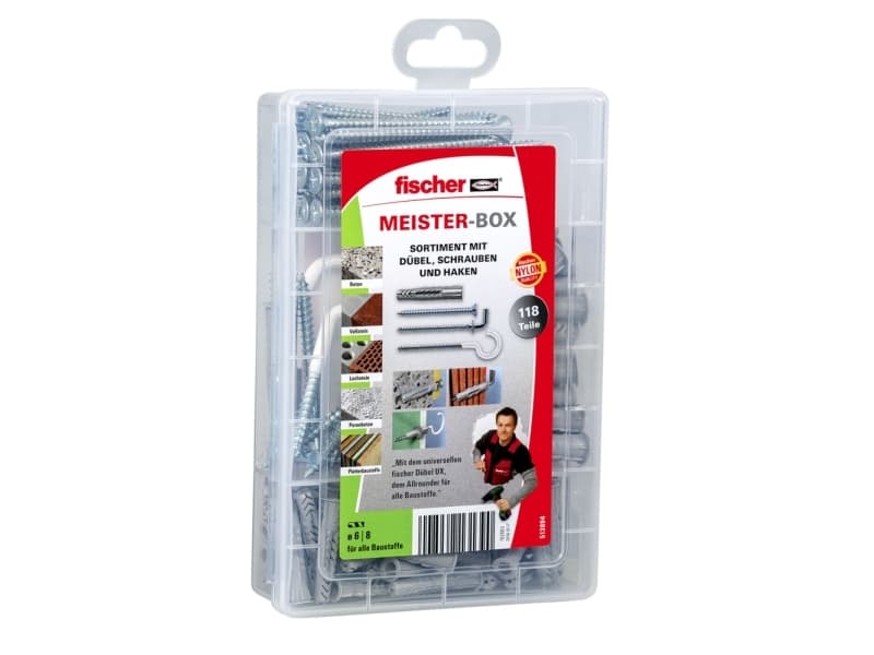Fischer MEISTER-BOX UX, Ruuvi- ja seinäpistokesarja, Betoni, Harmaa, 75 kpl, Laatikko