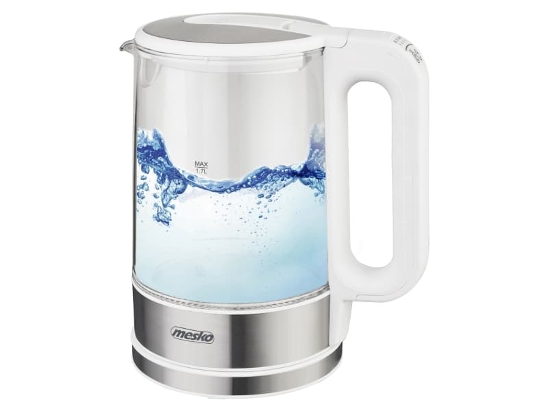 Mesko Home MS 1301W, 1,7 L, 2200 W, Ruostumaton teräs, Läpinäkyvä, Valkoinen, Lasi, Ruostumaton teräs, Säädettävä termostaatti, Veden tason ilmaisin