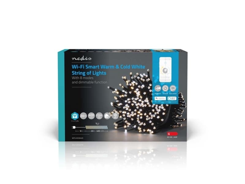 Nedis WIFILX02W400, Koristevaloketju, Valkoinen, IP65, Musta, 400 lamppua, LED