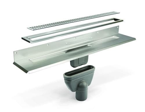 Unidrain 1004 liitin takalaipalla 800 mm, ClassicLine-ritilä Pylväs, runko H10 ja poistokotelo Ø 75 mm pystysuorassa, sis. vesilukon ja puisen vesilukon