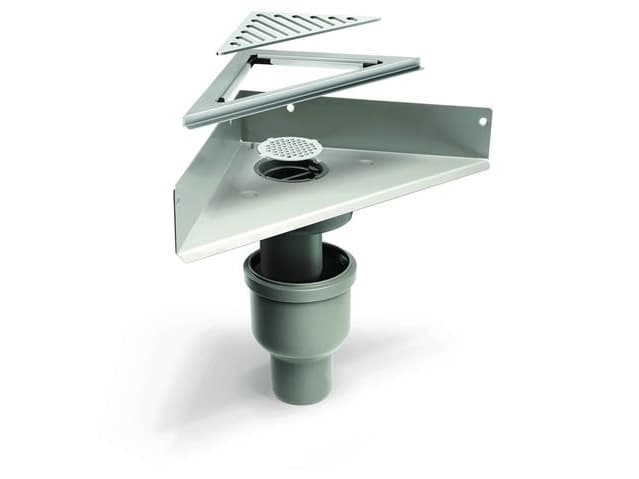 Unidrain-kokonaisratkaisu, jossa on kulma-asennus, ClassicLine-ritilä Column, runko H10 ja poistoaukon kotelo Ø 75 mm pystysuorassa, sis. vesilukon ja puun