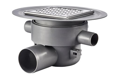 PURUS Multiflex Ø75 mm vaakasuora ulostuloaukko laipalla voikalvoa varten, 3 sivuaukkoa 1XØ32mm 2XØ40mm, ritilä/runko laattalattialle w/water lock Tyr, VA-hyväksytty. betoni/laattalattialle