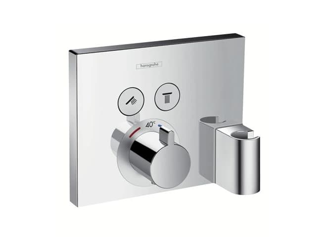 hansGrohe ShowerSelect -termostaatti, jossa on 2 ulostuloaukkoa ja integroitu suihkuteline ja letkun ulostuloaukko