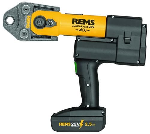 REMS Akku-Press 22 V ACC Sähköhydraulinen johdoton radiaalipuristin, jossa on automaattinen palautus. Toimitetaan 1 akun ja laturin kanssa