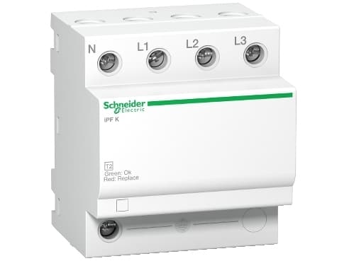 SCHNEIDER ELECTRIC Ylijännitesuoja iPF 20kA 340V 3PN asuinkeskuksiin, asennetaan keskukseen ja vaihdetaan punaisella merkillä