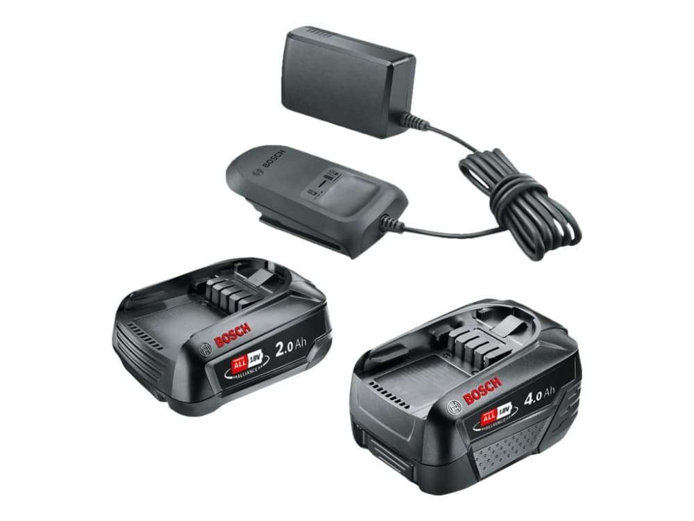 Bosch 18V Li-ion-akkupakkaus, 2,0 Ah + 4,0 Ah akut ja AL 18V-20 -laturi