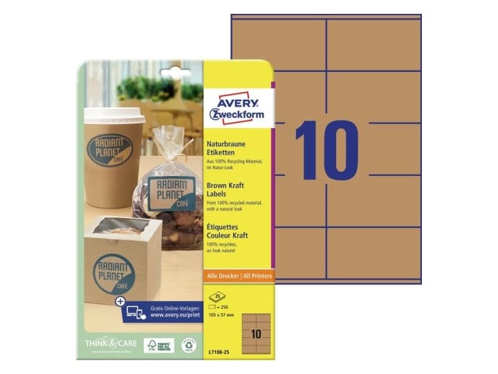 Avery L7108-25 Ruskeat voimapaperitarrat, 105 x 57 mm, A4, päällystämätön, ruskea ruskea 3260x2160x80mm (25ZP) - (25 zp per laatikko) - (25 zp per laatikko)