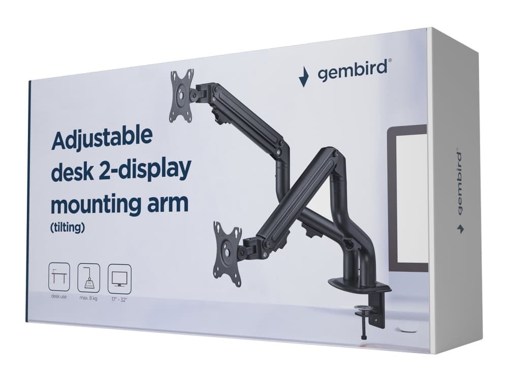 Gembird MA-DA2-02 - Pöytäkiinnitysvarsi - säädettävä - 2 LCD/plasmapaneelille - kallistettava, jopa 8 kg - muovi, alumiini, teräs - hieno rakenne musta - näytön koko: 17-32