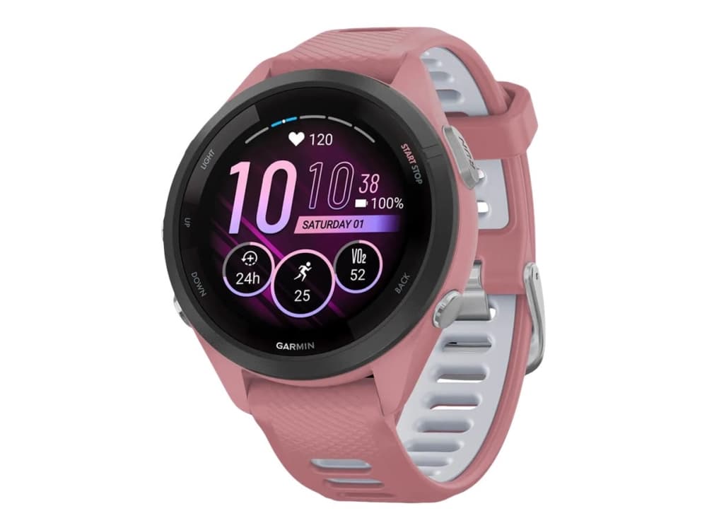 Garmin Forerunner 265S älykello. Musta kehys, vaaleanpunainen kotelo ja vaaleanpunainen ja harmahtava silikoniranneke