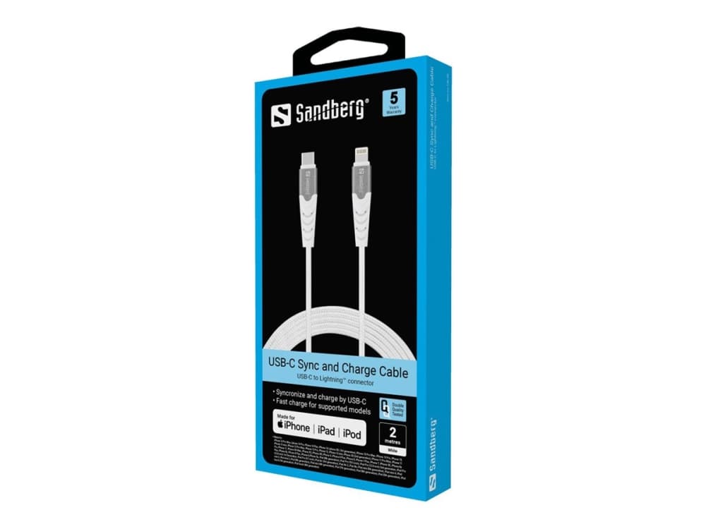 Sandberg USB-C PD to Lightning MFI 2M, 2 m, Lightning, USB C, Uros, Uros, Valkoinen