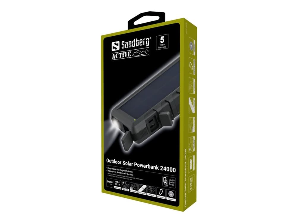 Sandberg Outdoor Solar Powerbank 24000 - Aurinkoenergiapankki - Li-Ion - 24000 mAh - 3 A - QC 3.0 - 3 ulostuloa (USB, USB-C) - på kabel: Micro-USB