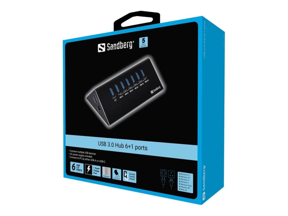 Sandberg USB 3.0 -keskitin 7 porttia - Keskitin - 7 x SuperSpeed USB 3.0 - pöytätietokoneet