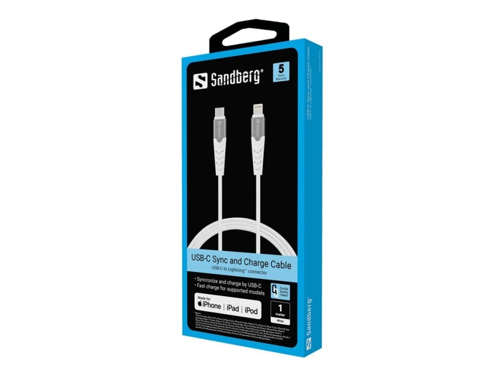 Sandberg USB-C PD to Lightning MFI 1M, 1 m, Lightning, USB C, Uros, Uros, Valkoinen