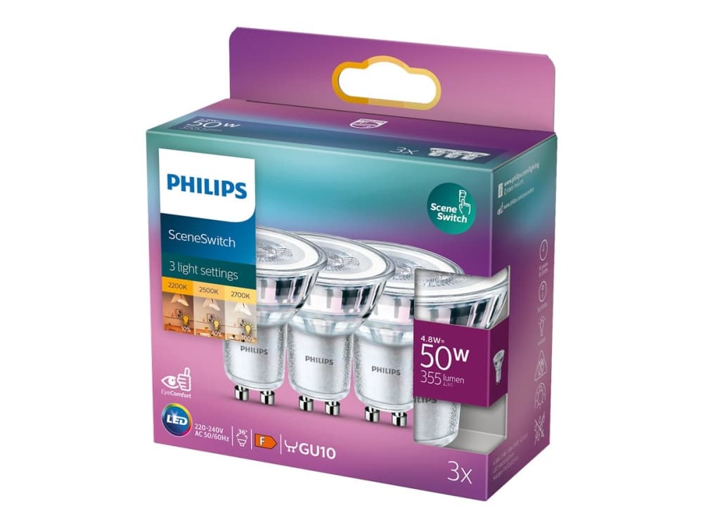 Philips SceneSwitch - LED-pistelamppu - GU10 - 1,5/3,5/4,8 W (50 W vastaava) - luokka F - lämmin valkoinen/liekkivalo - 2200/2500/2700 K (3 kpl)