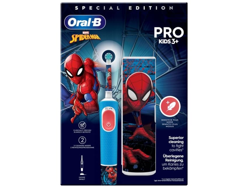 Oral-B Vitality Pro Kids Spiderman, Lapsi, Pyörivä/värähtelevä hammasharja, Päivittäinen käyttö, Herkkä, Super sensitive, Sininen, Punainen, 7800 liikettä minuutissa, 4 x 30 s