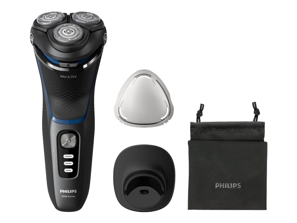 Philips Shaver 3000 Series S3344/13 Sähköparranajokone märkä- ja kuiva-ajoon, Parranajokone kääntyvällä päällä, musta, Sininen, PowerCut blade system, SH30, 2 vuosi/vuosia, Akku