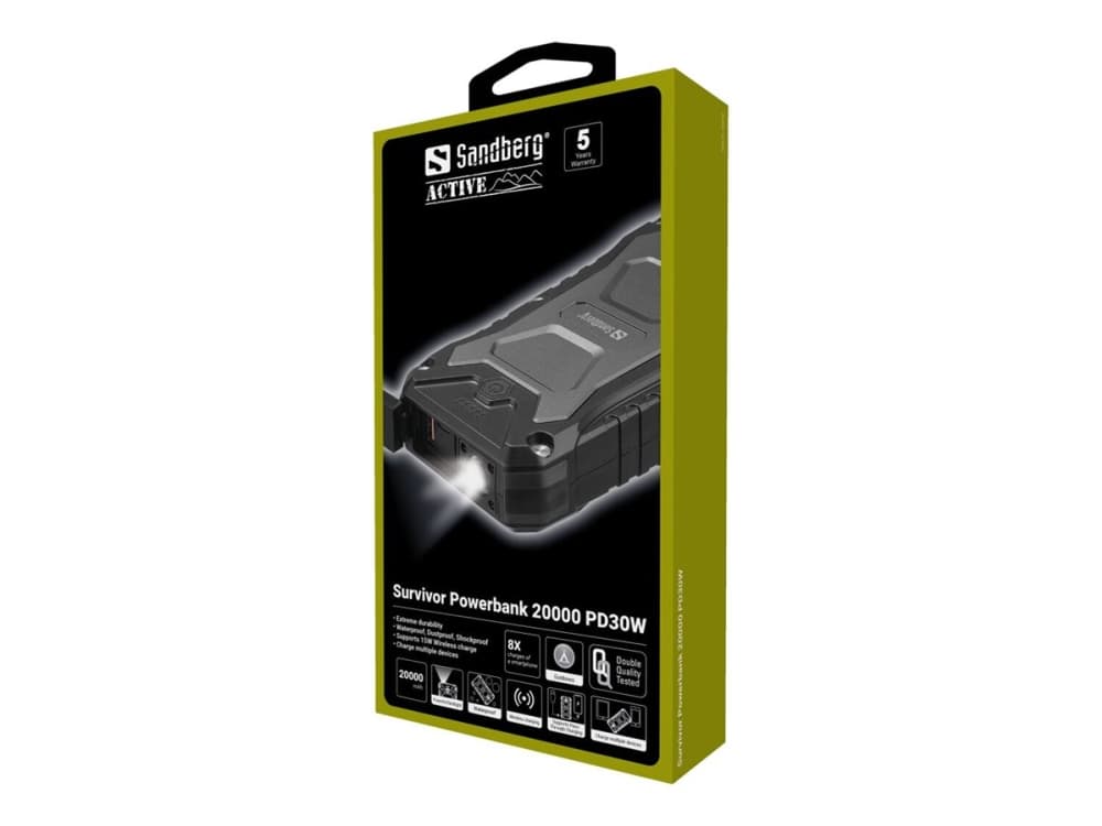Sandberg Survivor Powerbank 20000 PD30W, 20000 mAh, Langaton lataus, Musta