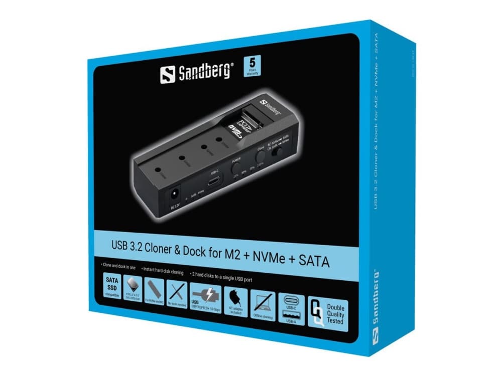Sandberg USB-3 Cloner+Dock M2+NVMe+SATA, SSD, SATA, Serial ATA II, Serial ATA III, 2.5,3.5,M.2, USB 3.2 Gen 2 (3.1 Gen 2) Type-C, 10 Gbit/s, musta