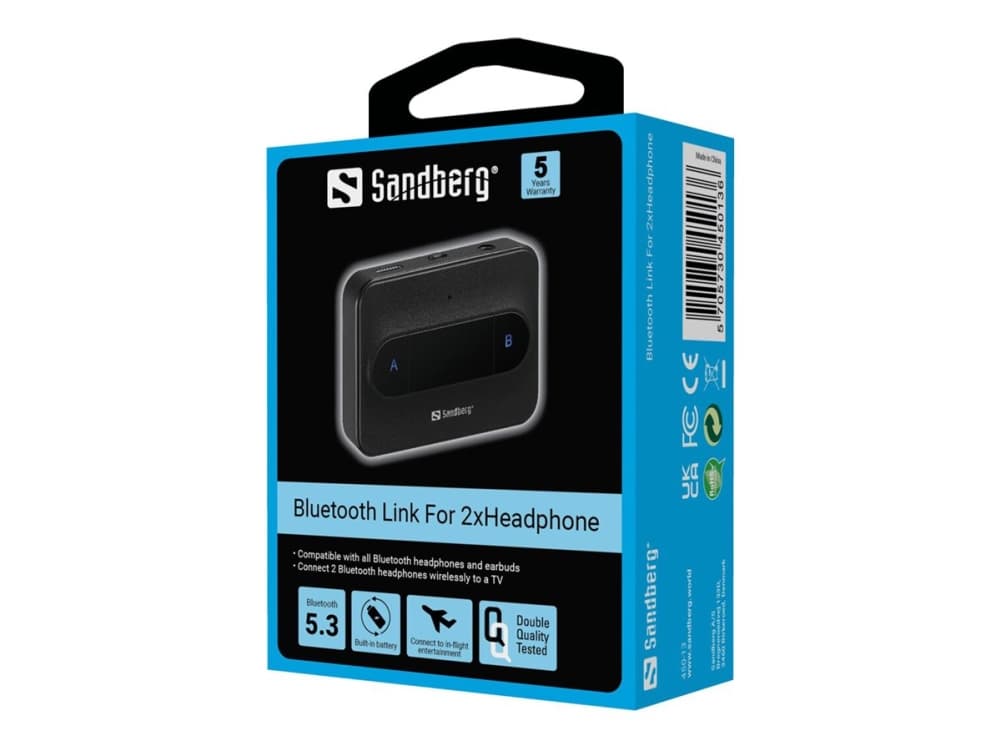 Sandberg Bluetooth Link For 2xHeadphone, Bluetooth, 3,5 mm, A2DP, AVRCP, HSP, 10 m, Musta, Akku, USB