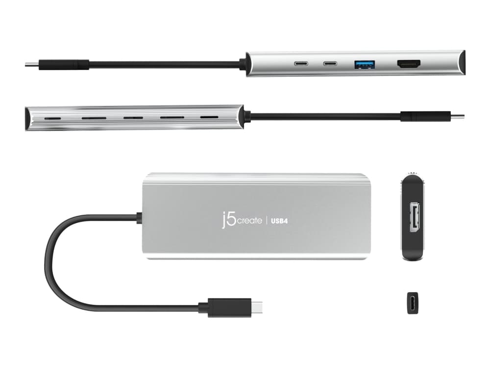 j5create JCD401-N USB4™ Dual 4K Multi-Port Hub, Langallinen, USB 3.2 Gen 2 (3.1 Gen 2) Type-C, 85 W, Hopea, 10 Gbit/s, 4K Ultra HD