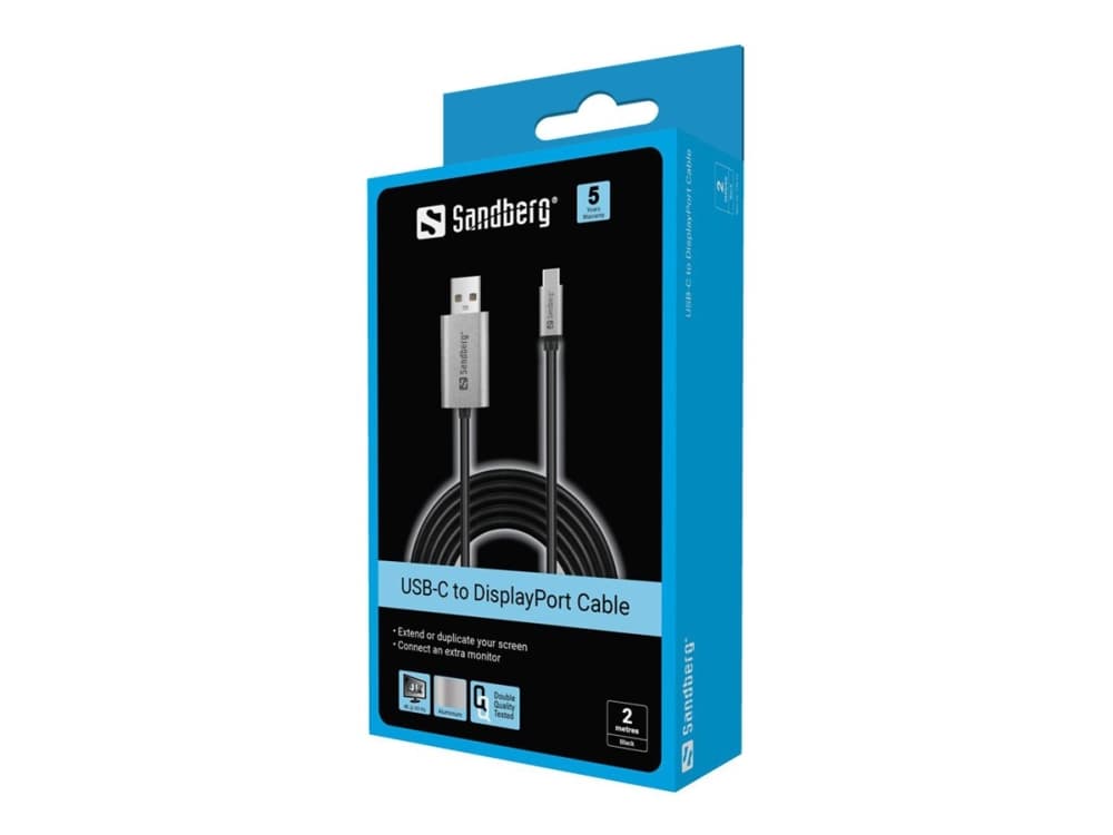 Sandberg USB-C to DisplayPort Cable 2M, 2 m, USB Type-C, DisplayPort, Uros, Uros, Suora