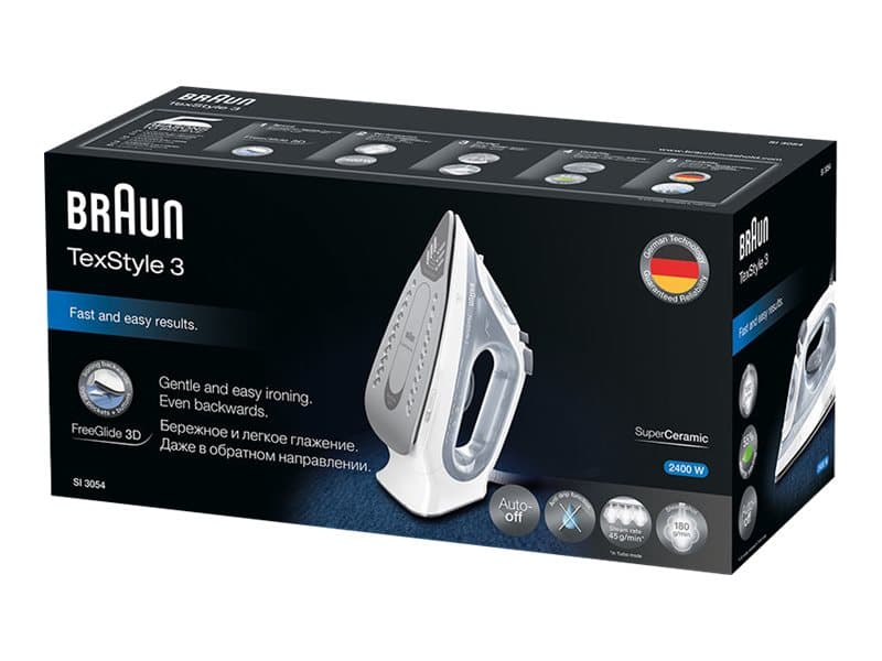 Braun TexStyle 3 SI 3054, Höyrysilitysrauta, Keraaminen pohjalevy, 2 m, 180 g/min, Harmaa, 45 g/min