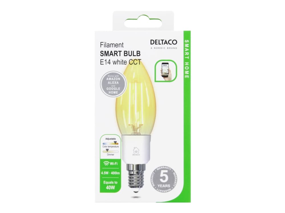 DELTACO SMART HOME LED hehkulamppu, E27, WiFI 2.4GHz, 4.5W, 400lm, himmennettävä, 1800K-6500K, 220-240V, SH-LFE14C35