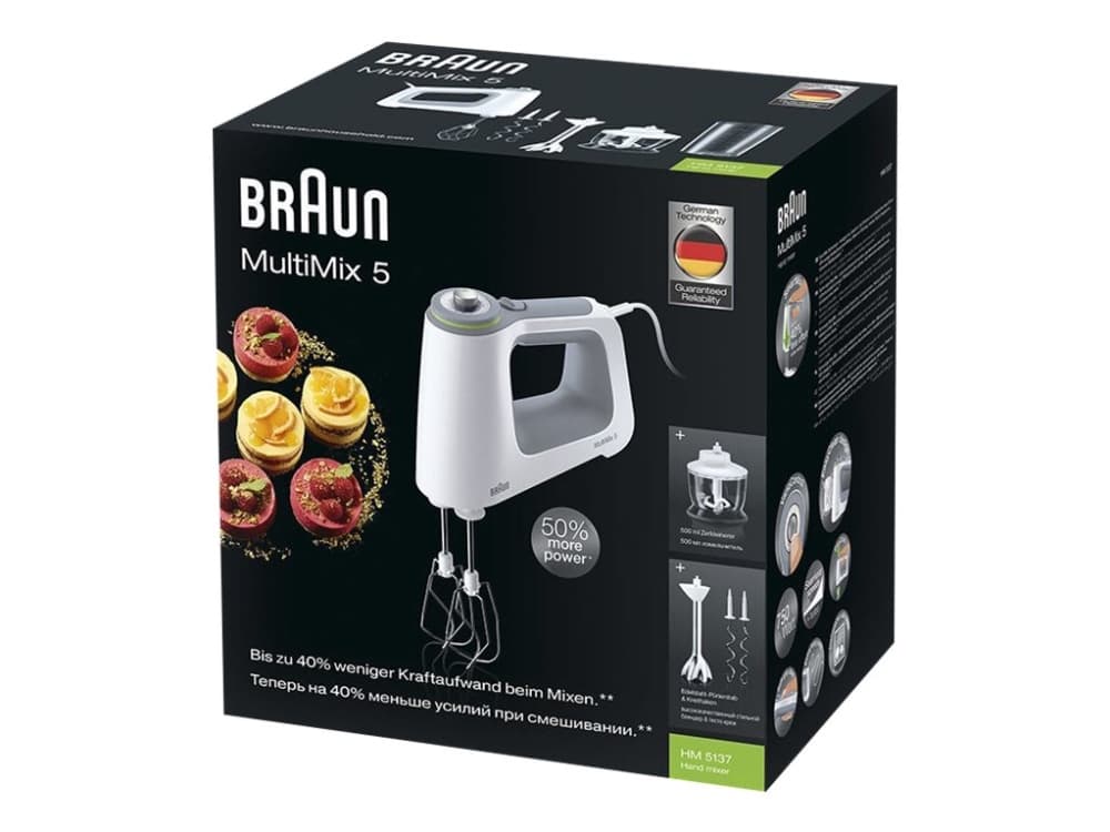 Braun MultiMix 5 HM 5137, Käsisekoitin, Harmaa, Valkoinen, Vaivaus, Vaivaus, Sekoitus, Painikkeet, Rotaatio, 0,5 L, Ruostumaton teräs