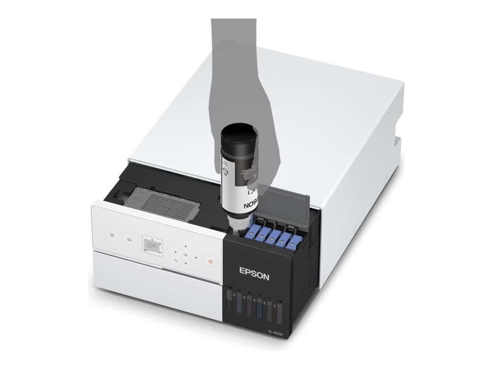 Epson SURELAB SL-D500 - Tulostin - väri - pietsosähköinen mustesuihkutulostin - CISS - 100 x 150 mm - 1440 x 720 dpi - jopa 4,17 tulostusta/min (yksivärinen) / jopa 4,17 tulostusta/min (värillinen) - kapasiteetti: 100 arkkia - USB 2.0, LAN, Wi-Fi(n)