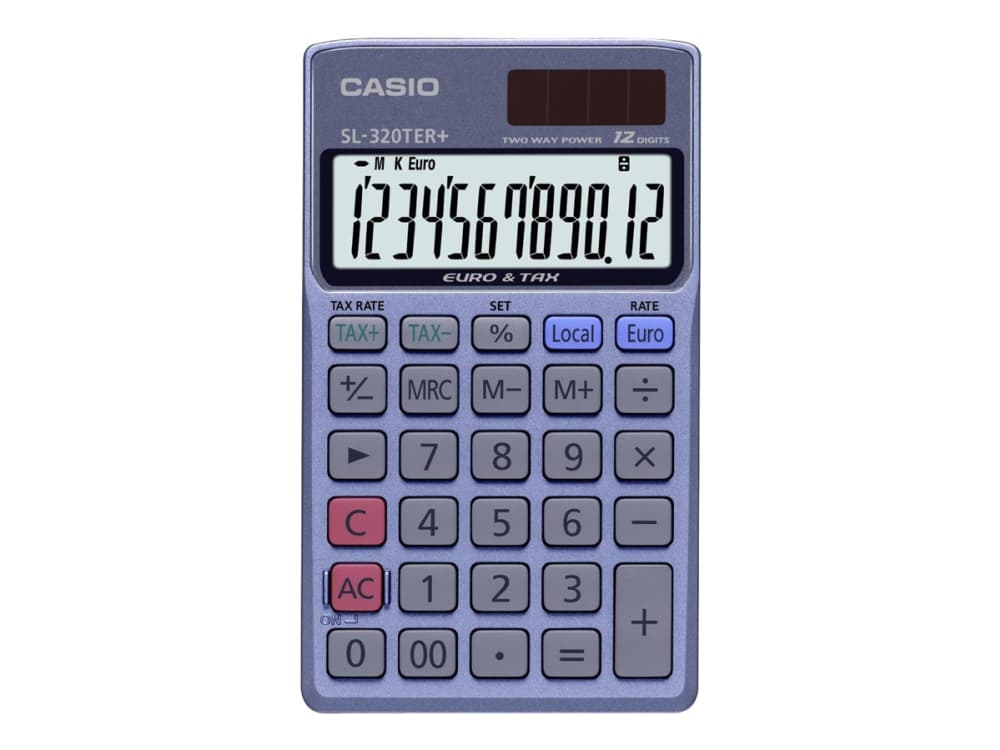 Casio SL-320TER+, Tasku, Perus, 12 lukua, 1 linjat, Akku/Aurinko, Sininen