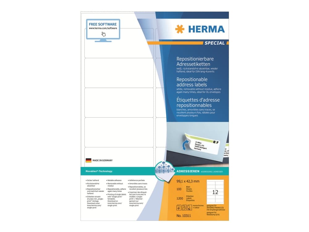 HERMA 10311, Valkoinen, Paperi, Laser/Inkjet, Matta, Irroitettava, Pyöristetty suorakulmio