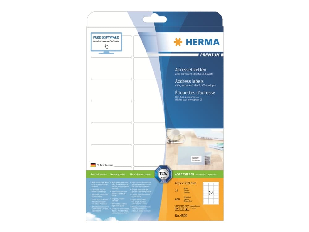 HERMA 4500, Valkoinen, Paperi, Laser/Inkjet, Matta, Kiinteä, Pyöristetty suorakulmio