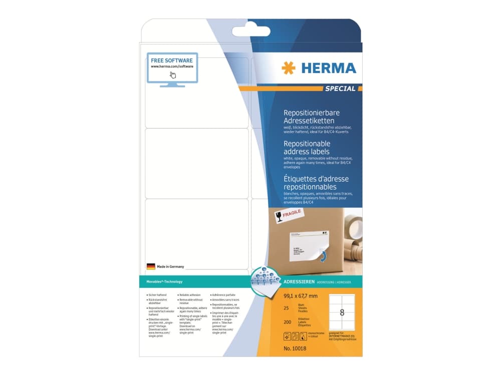 HERMA 10018, Valkoinen, Paperi, Laser/Inkjet, Matta, Irroitettava, Pyöristetty suorakulmio