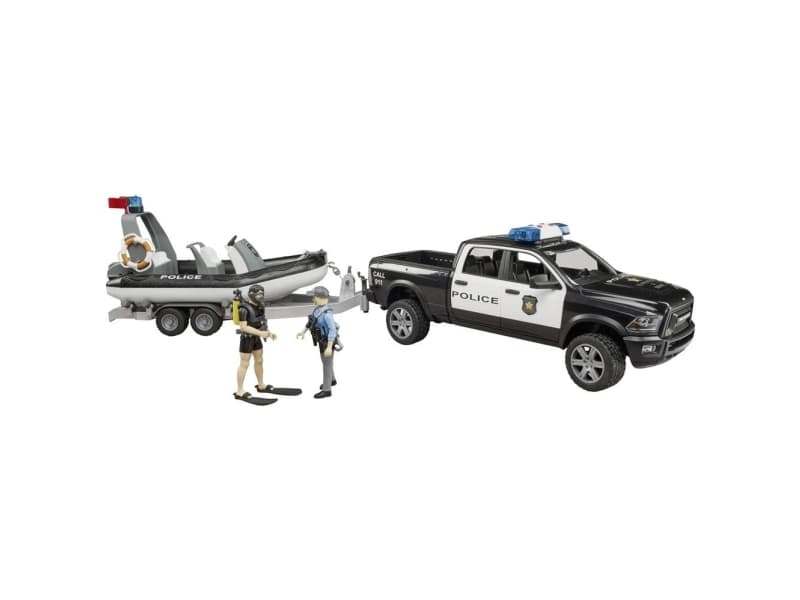 Bruder Dodge Ram 2500 Police pickup truck, trailer, boat, 2 figures with Light and Sound toy