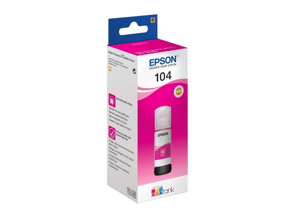Epson 104 EcoTank Magenta ink bottle, Magenta, Epson, EcoTank ET-4700 EcoTank ET-2726 EcoTank ET-2720 EcoTank ET-2715 EcoTank ET-2714 EcoTank ET-2712..., 65 ml, Mustesuihku, Monivärinen