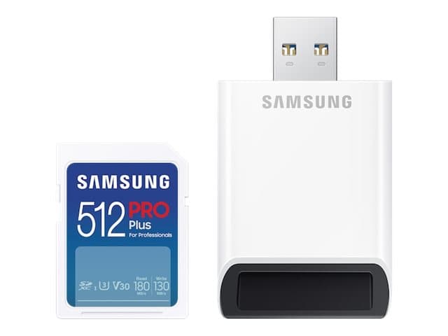 Samsung PRO Plus MB-SD512SB/WW, 512 GB, SDXC, UHS-I, 180 MB/s, 130 MB/s, Class 3 (U3)