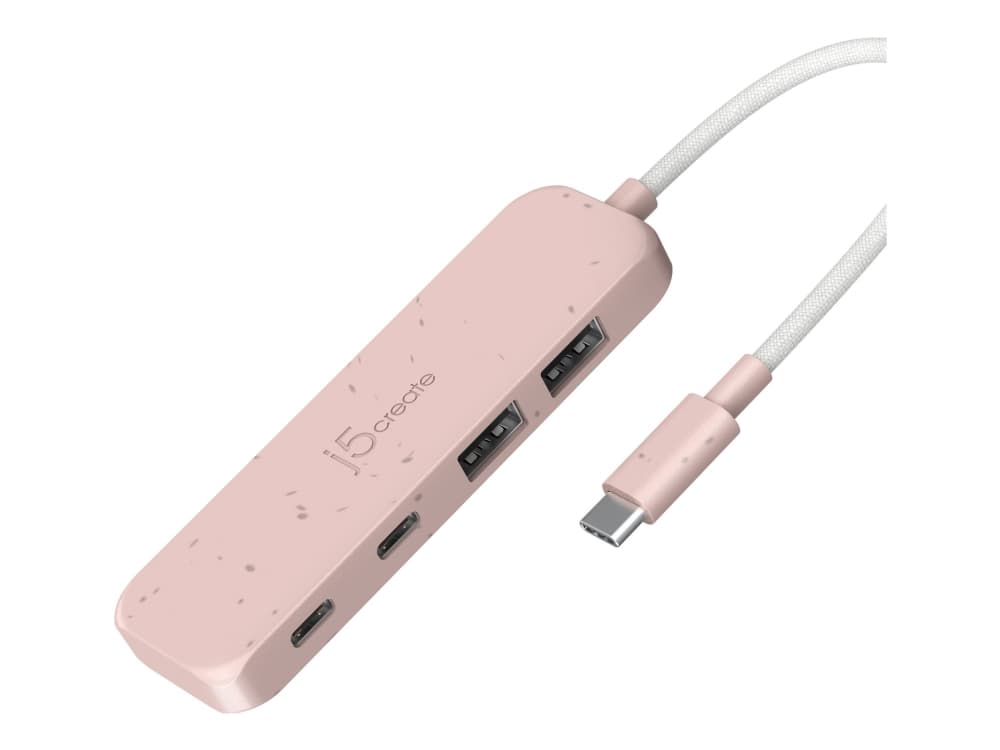 j5create Ympäristöystävällinen USB-C - 4 porttinen Type-C ja Type-A Gen 2 -keskitin, USB 3.2 Gen 1 (3.1 Gen 1) Type-C, USB 3.2 Gen 2 (3.1 Gen 2) Type-A, USB 3.2 Gen 2 (3.1 Gen 2) Type-C, 10000 Mbit/s, Ruusu, Akryylinitriilibutadieenistyreeni (ABS), Kierrätetty muovi, Taiwan