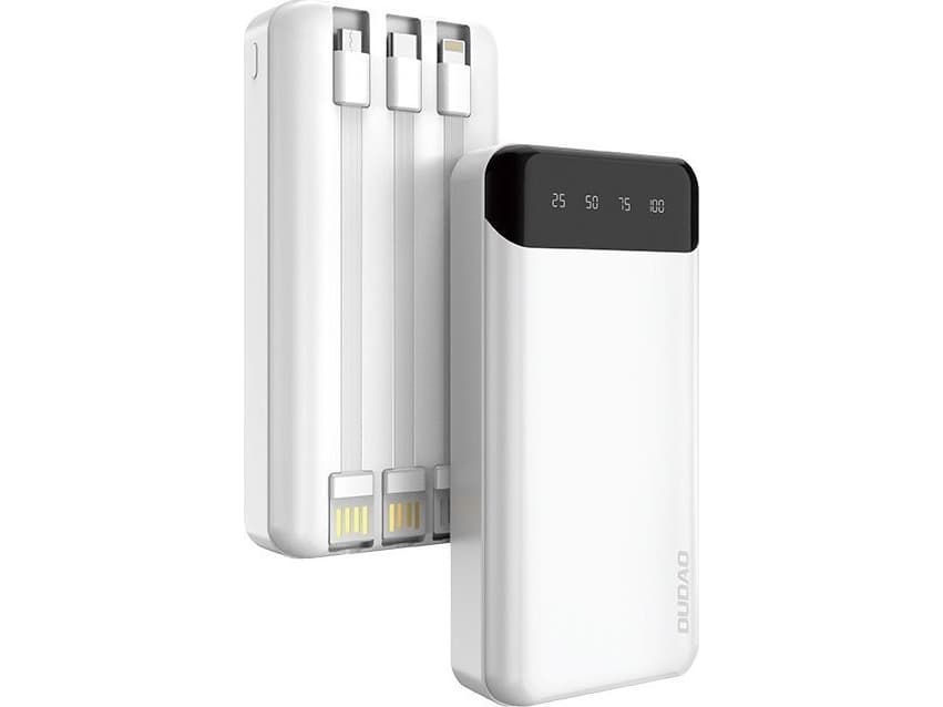 Dudao kapasitiivinen virtalähde, jossa on 3 sisäänrakennettua kaapelia 20000mAh USB Type C + micro USB + Lightning Valkoinen (Dudao K6Pro+)