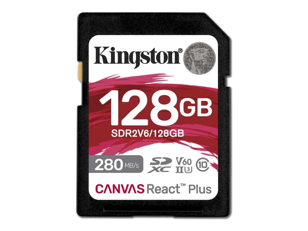 Kingston Technology 128 Gt Canvas React Plus SDXC UHS-II 280R/100W U3 V60, täysteräväpiirto/4K, 128 GB, SDXC, Luokka 10, UHS-II, 280 MB/s, 100 MB/s