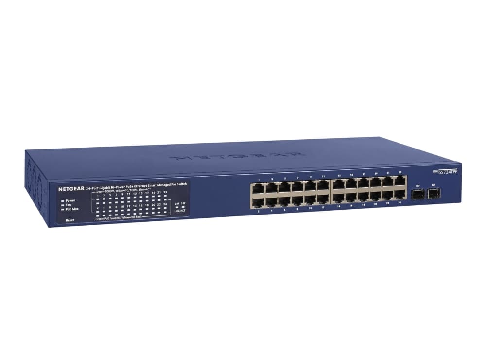 NETGEAR Smart GS724TPP - Kytkin - L3 Lite - älykäs - 24 x 10/100/1000 (PoE+) + 2 x Gigabit SFP - pöytätietokone, telineasennettava - PoE+ (380 W) - PoE+ (380 W)