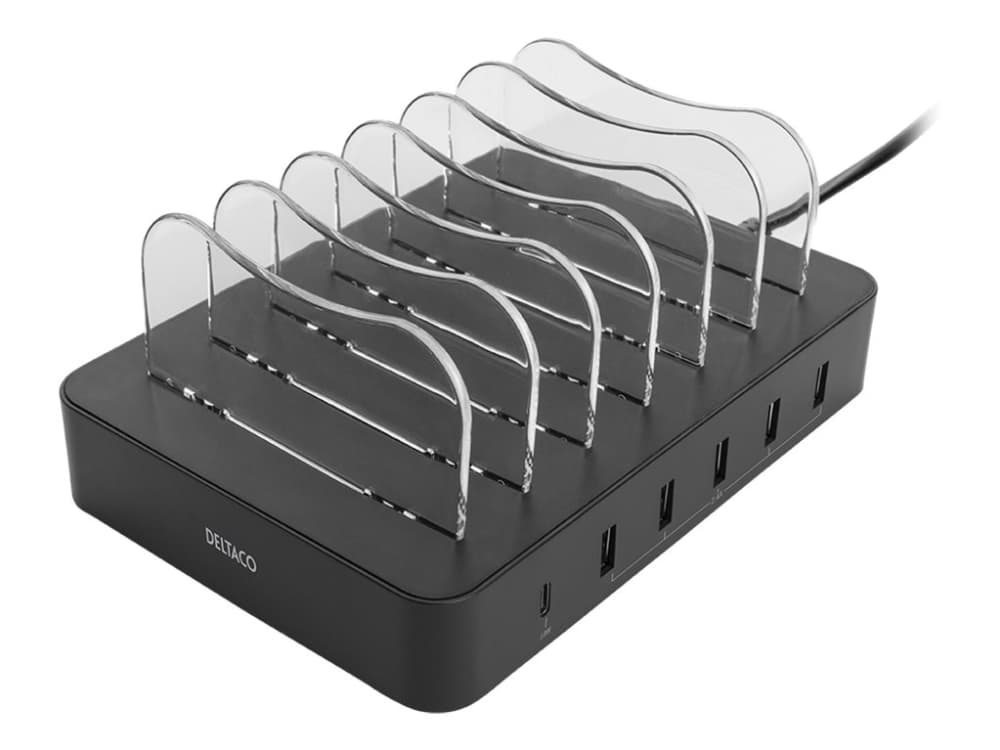 USB-latausasema DELTACO 6 laitteelle, 5x USB-A, 1x USB-C PD, pikalataus, 50 W, musta / DPS-0200