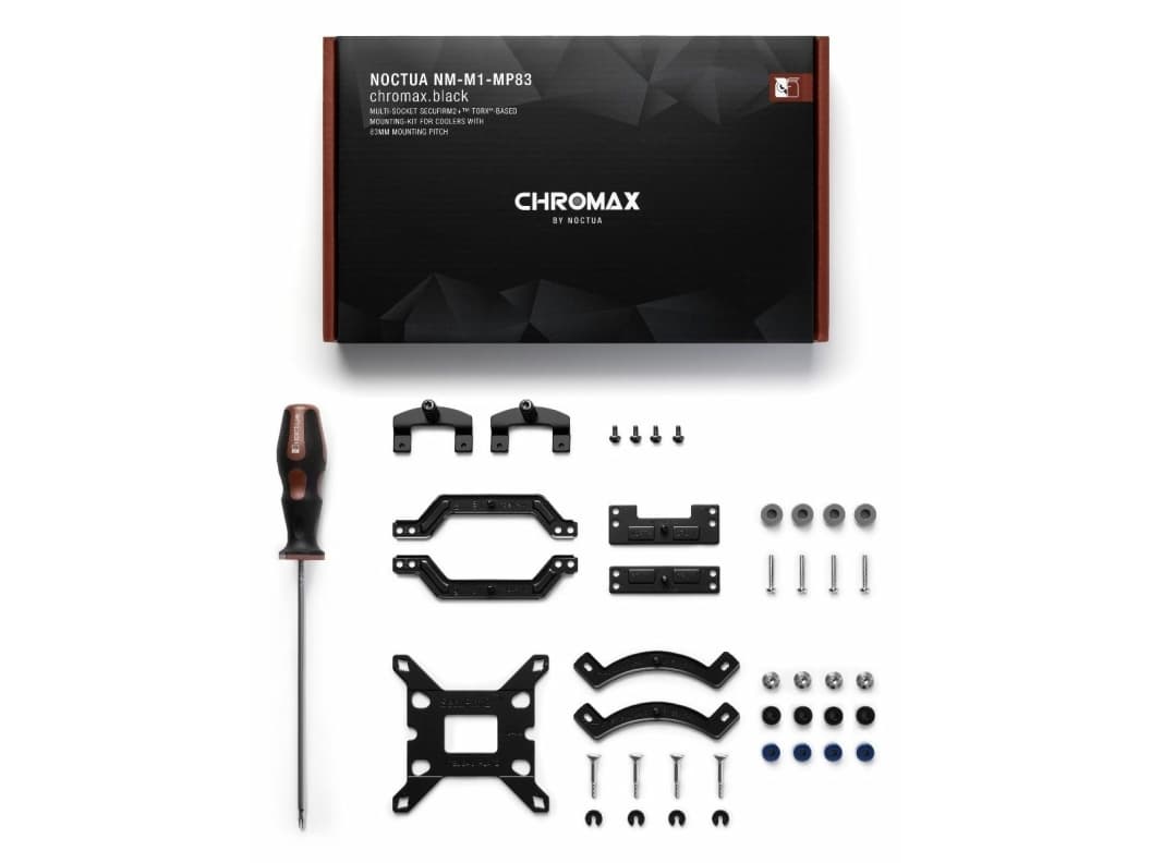 Noctua NM-M1-MP83 CHROMAX.BLACK, Asennussarja, musta, Ruskea, Hopea, Intel LGA1851, LGA 1150 (Pistoke H3), LGA 1151 (pistoke H4), LGA 1155 (Socket H2), LGA 1156..., Suoritin, 158 mm, 34 mm